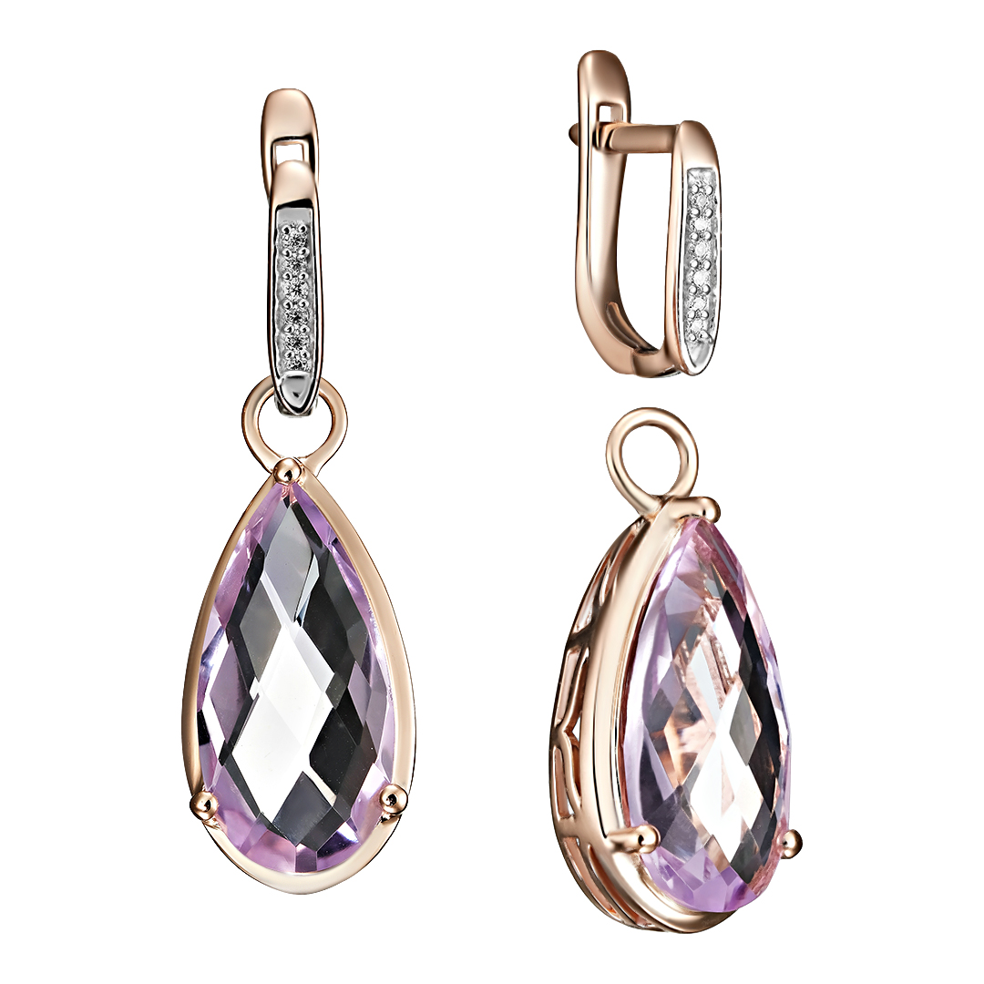 Серебряные серьги 925 пробы; вставки 2 Аметист 9,6ct; 12 Куб. Цирконий бесцв. 0,06ct;