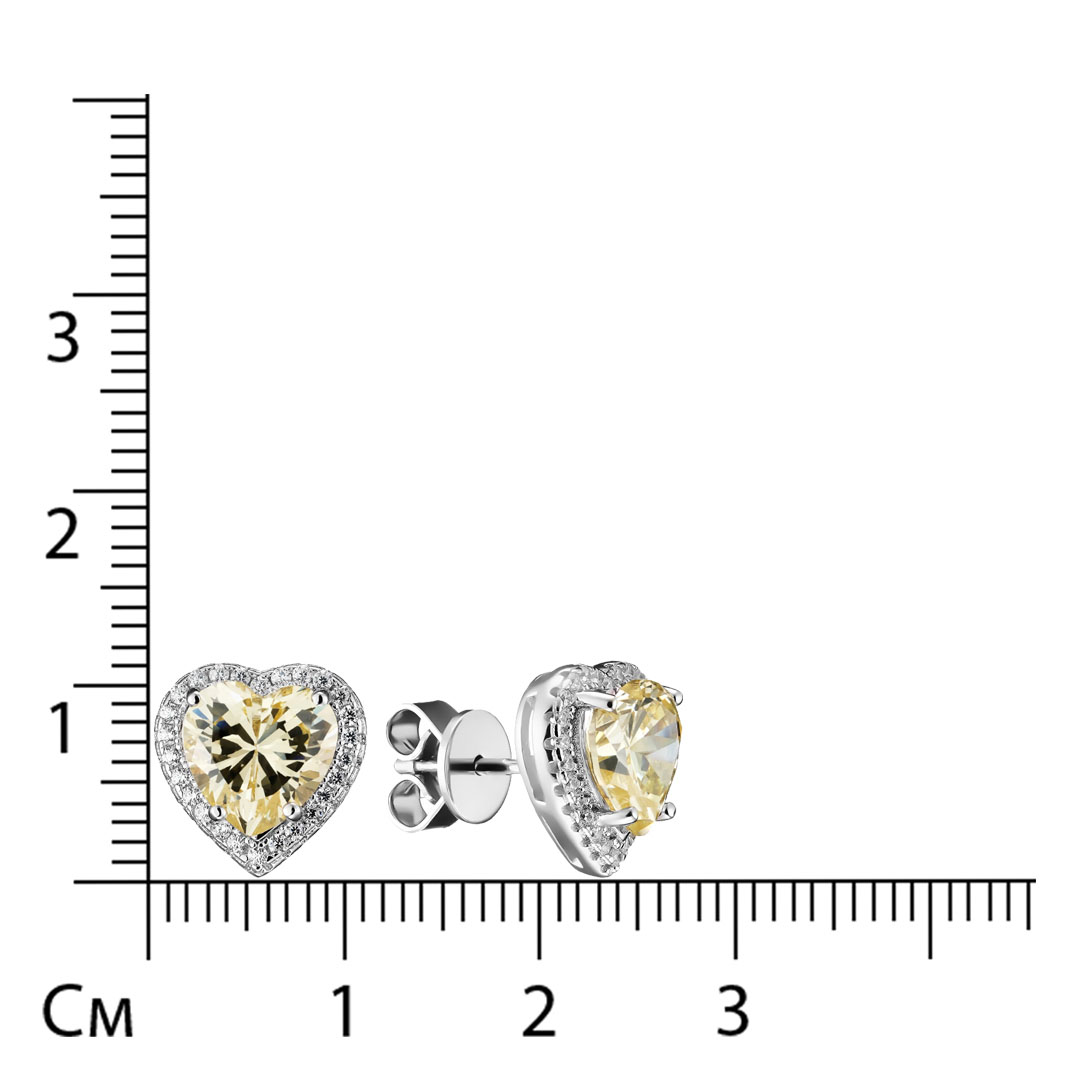 Серебряные серьги-пусеты 925 пробы; вставки 2 Куб. Цирконий желтый; 52 Куб. Цирконий бесцв.;