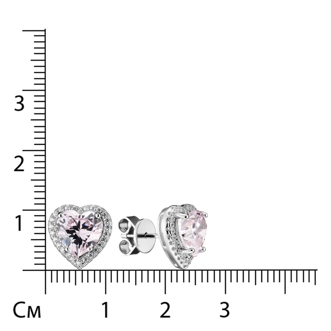 Серебряные серьги-пусеты 925 пробы; вставки 2 Куб. Цирконий розовый; 52 Куб. Цирконий бесцв.;