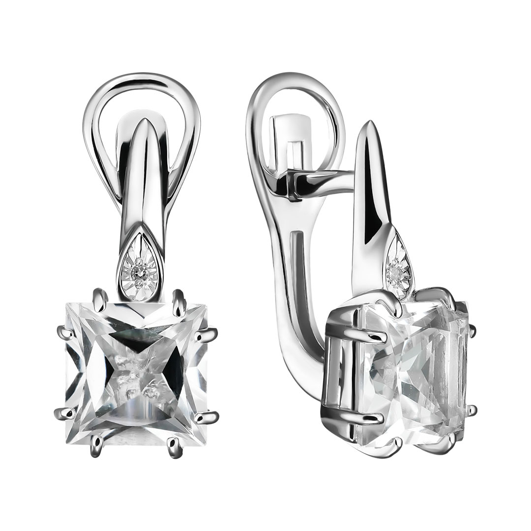 Серебряные серьги 925 пробы; с алмазной обработкой; вставки 2 Бр.Кр-17 0,008 2/3A; 2 Горный Хрусталь
