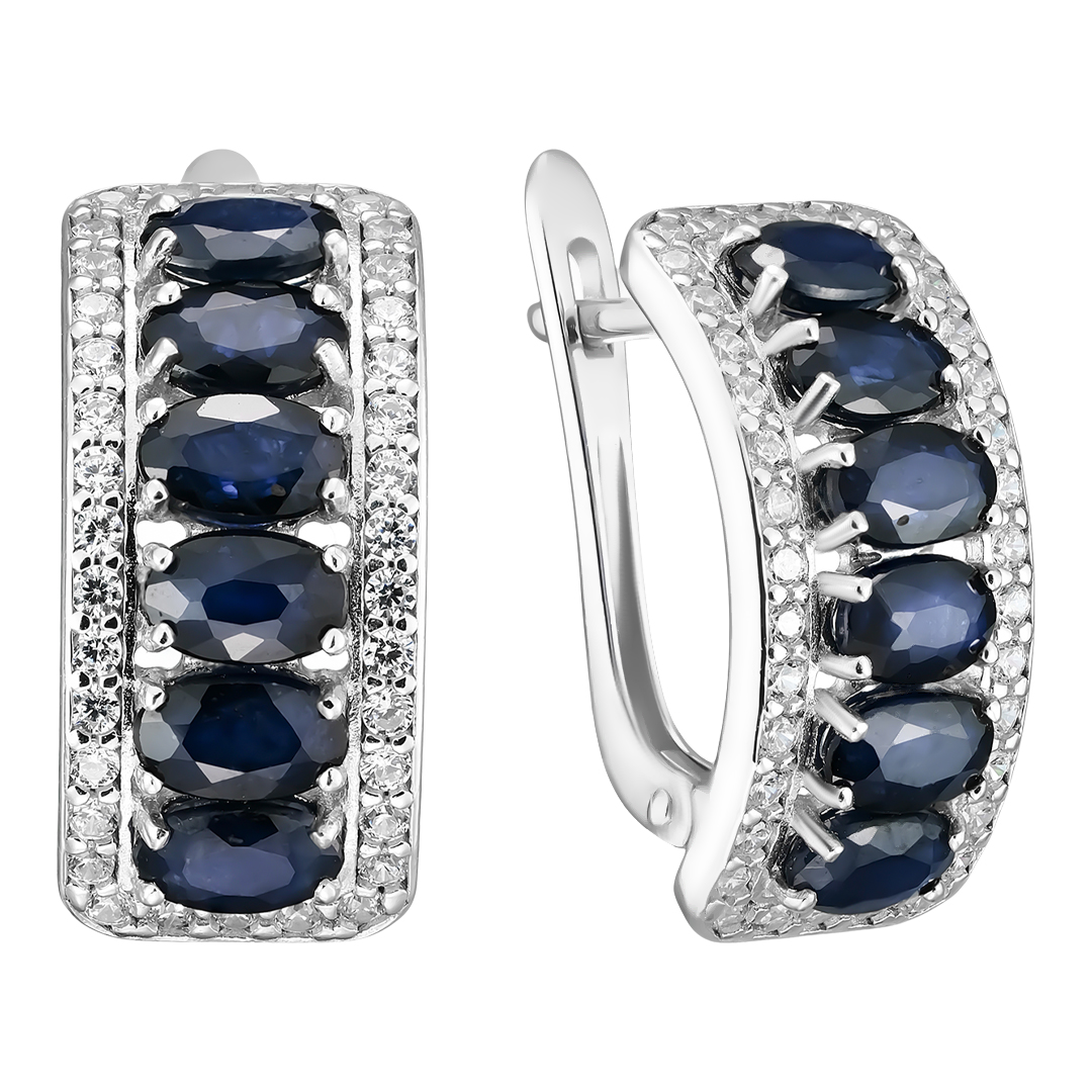 Серебряные серьги 925 пробы; вставки 12 Сапфир U/2 3,837; 72 Фианит бесцв.;