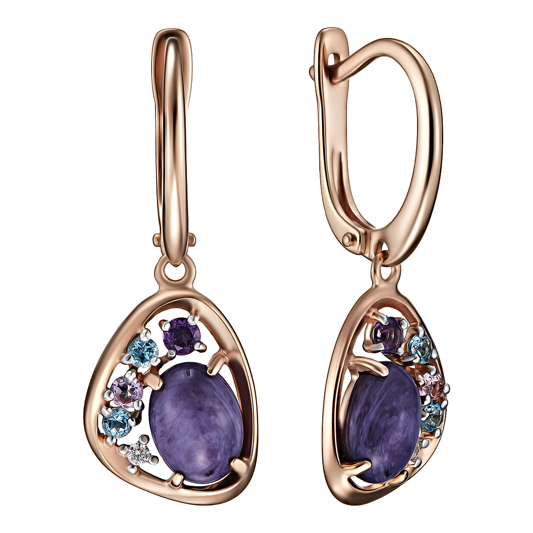 Серебряные серьги 925 пробы; вставки 4 Аметист; 4 Топаз swiss; 2 Фианит бесцв.; 2 Чароит;
