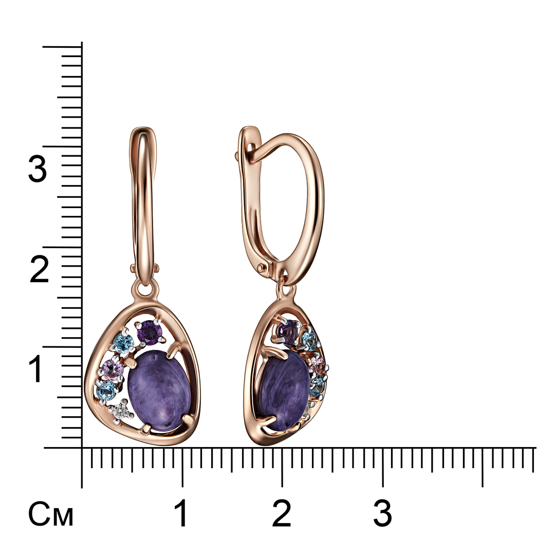 Серебряные серьги 925 пробы; вставки 4 Аметист; 4 Топаз swiss; 2 Фианит бесцв.; 2 Чароит;
