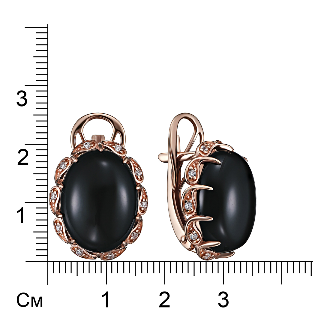 Серебряные серьги 925 пробы; вставки 2 Агат нат. черн.; 20 Фианит бесцв.;