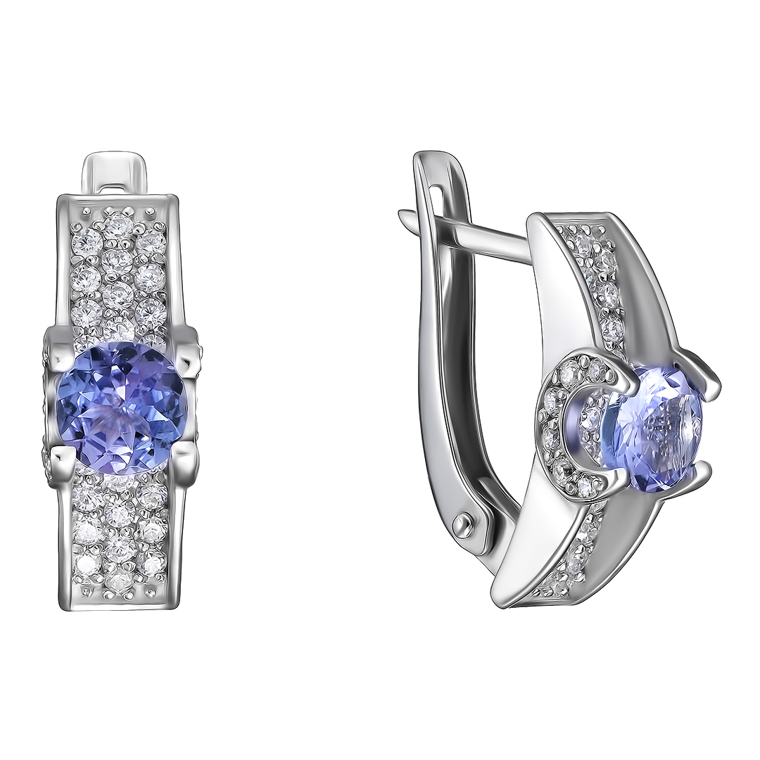 Серебряные серьги 925 пробы; вставки 2 Танзанит; 90 Фианит бесцв.;