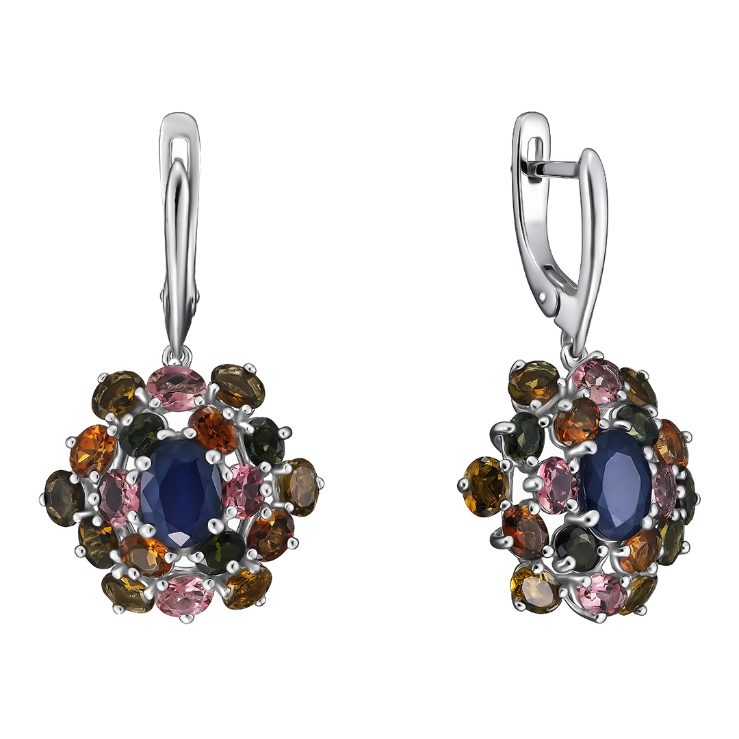 Серебряные серьги 925 пробы; вставки 2 Сапфир U/2 3,3ct; 36 Мультитурмалин 7,2ct;