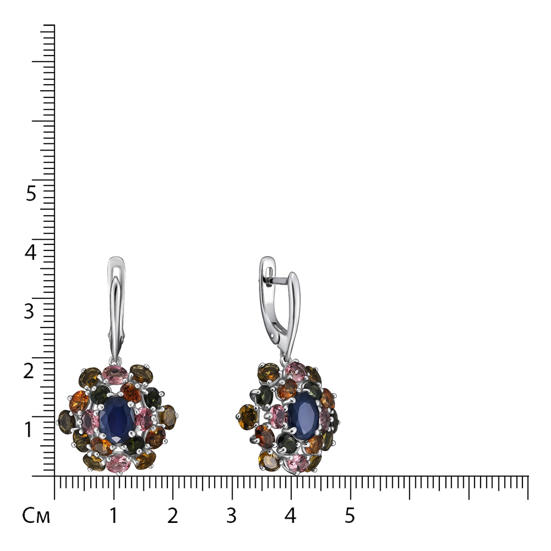 Серебряные серьги 925 пробы; вставки 2 Сапфир U/2 3,3ct; 36 Мультитурмалин 7,2ct;