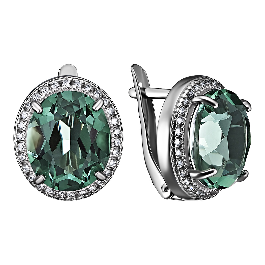 Серебряные серьги 925 пробы; вставки 2 Празиолит; 60 Фианит бесцв.;