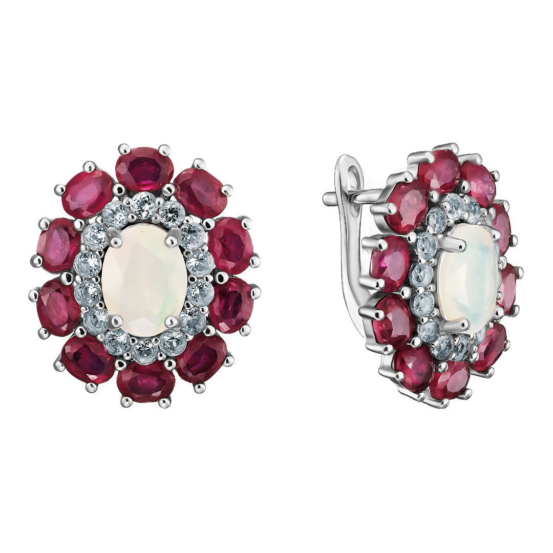 Серебряные серьги 925 пробы; вставки 20 Рубин 5,12ct F/2; 2 Опал бел. 1,64ct; 28 Топаз бел. 0,22ct;