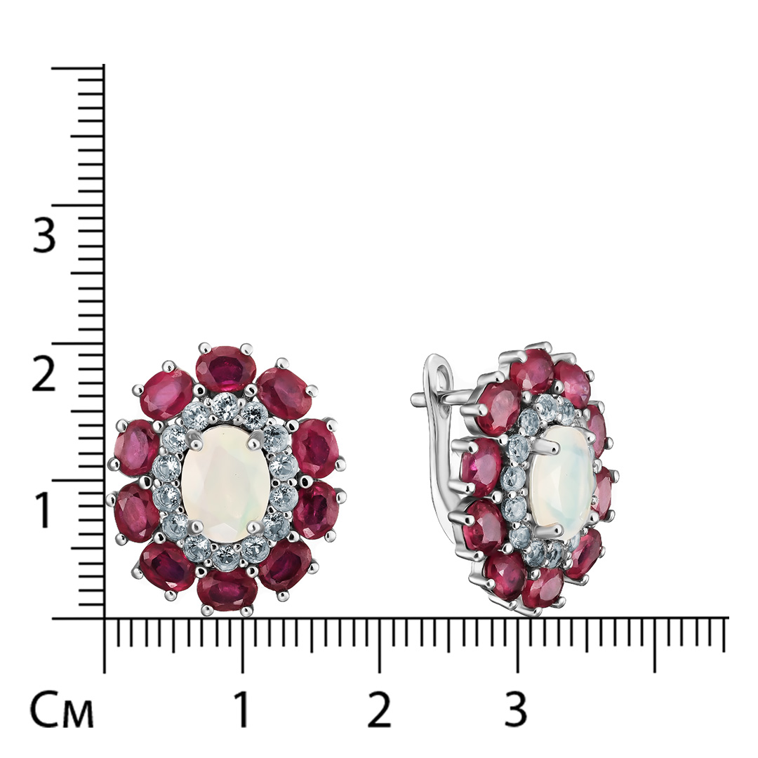Серебряные серьги 925 пробы; вставки 20 Рубин 5,12ct F/2; 2 Опал бел. 1,64ct; 28 Топаз бел. 0,22ct;