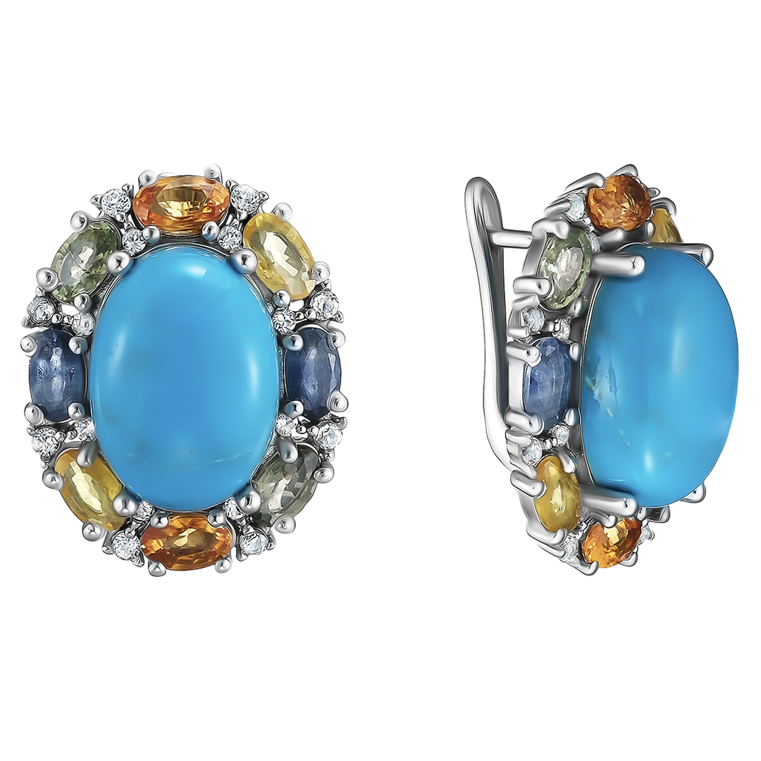 Серебряные серьги 925 пробы; вставки 2 Бирюза 10,45ct; 16 Сапфир разноцв. 4,5ct; 32 Топаз белый;