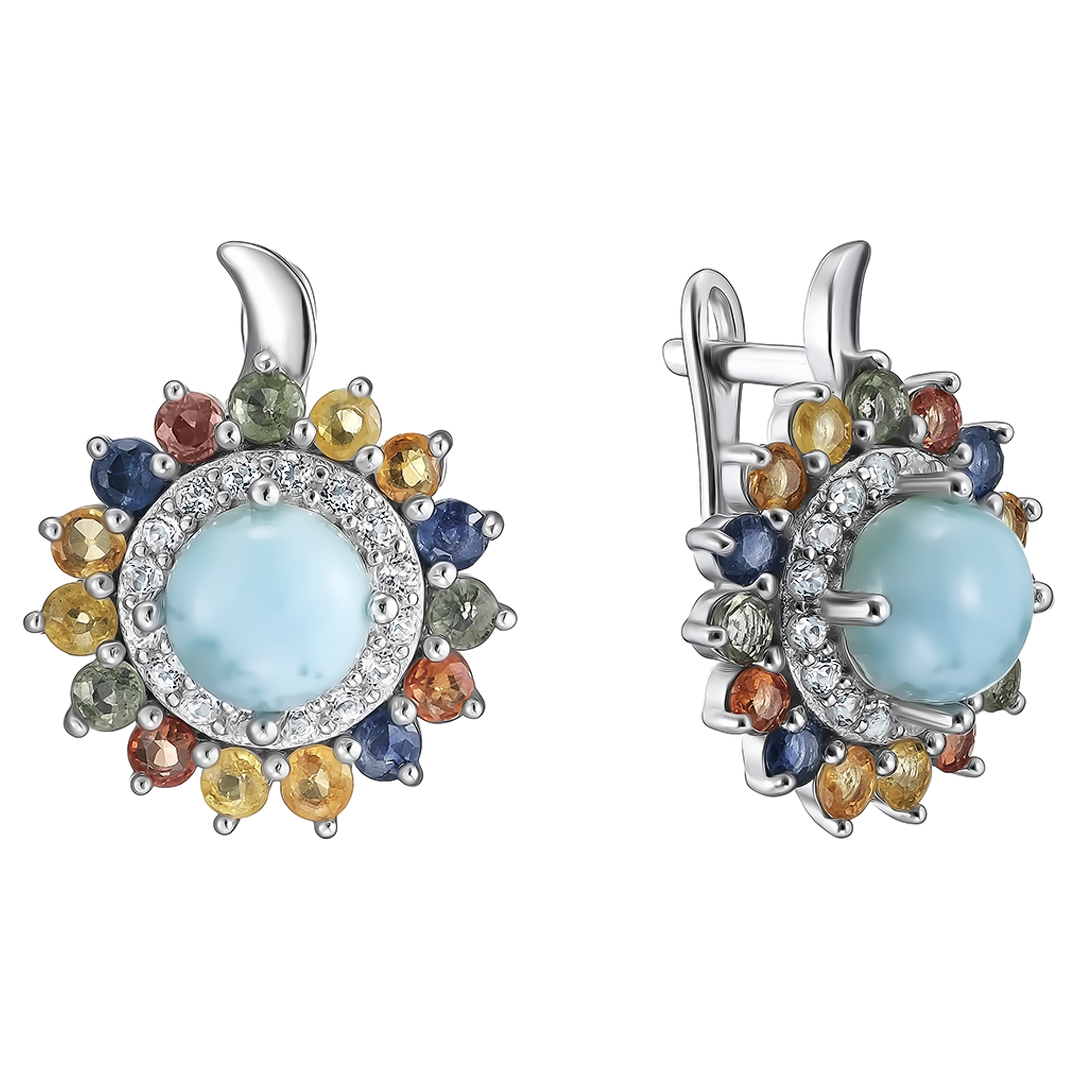 Серебряные серьги 925 пробы; вставки 2 Ларимар 3,28 ct; 30 Сапфир разноцв. 2,28ct; 32 Топаз белый;