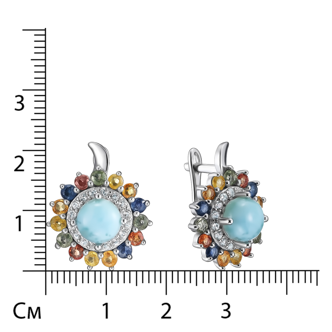 Серебряные серьги 925 пробы; вставки 2 Ларимар 3,28 ct; 30 Сапфир разноцв. 2,28ct; 32 Топаз белый;