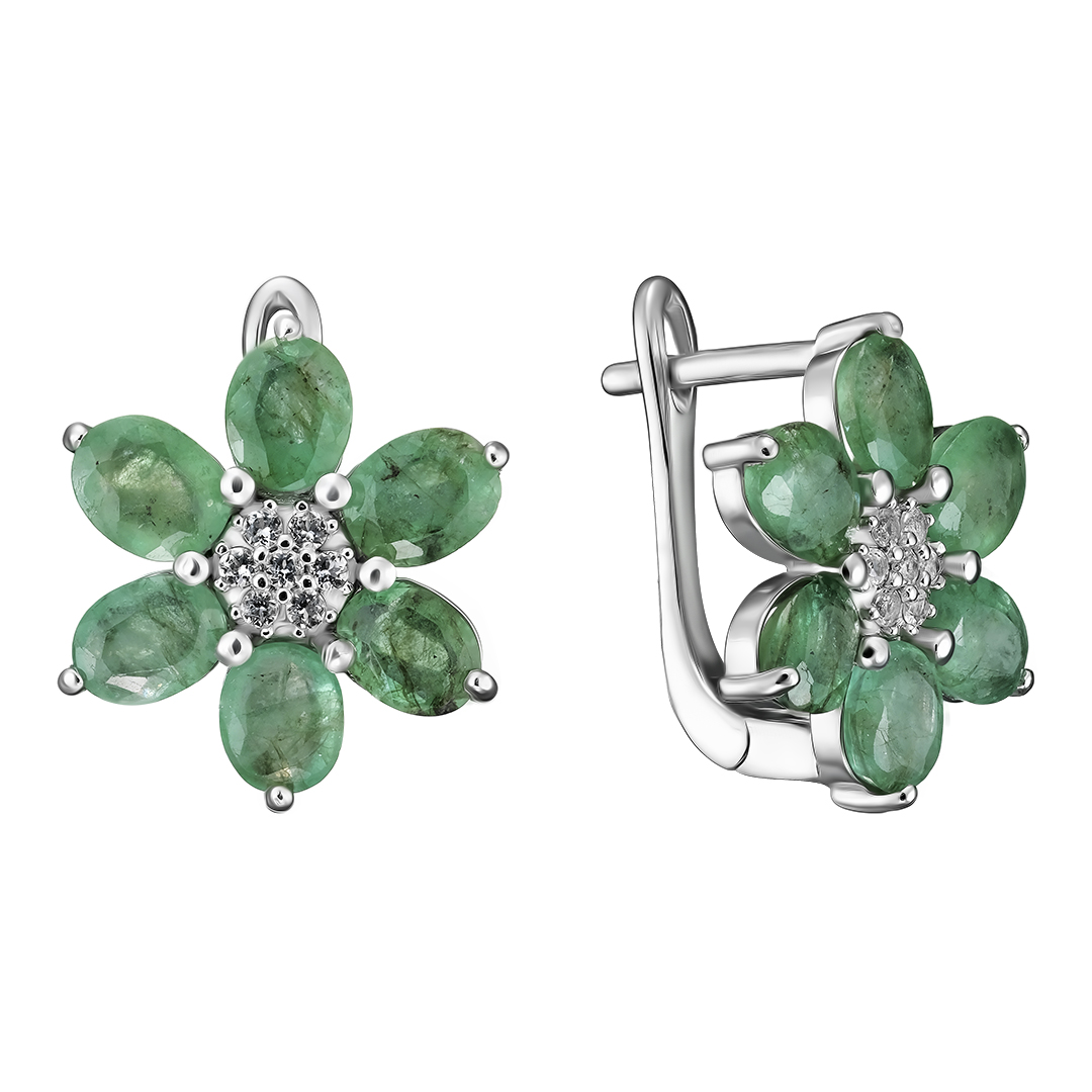 Серебряные серьги 925 пробы; вставки 12 Изумруд (О) 4/Г3 3,54 ct; 14 Топаз бел. 0,11ct;