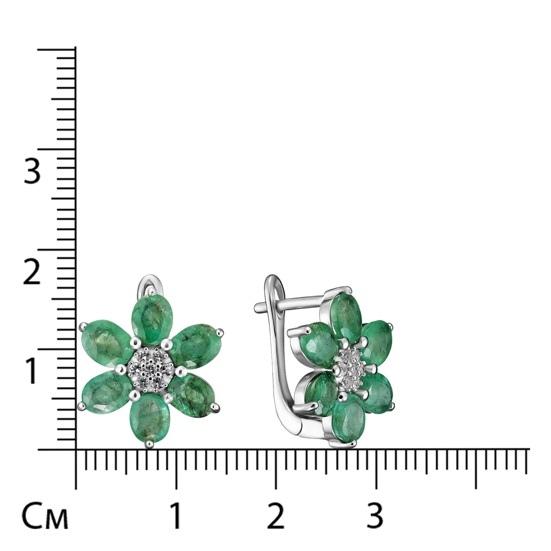 Серебряные серьги 925 пробы; вставки 12 Изумруд (О) 4/Г3 3,54 ct; 14 Топаз бел. 0,11ct;