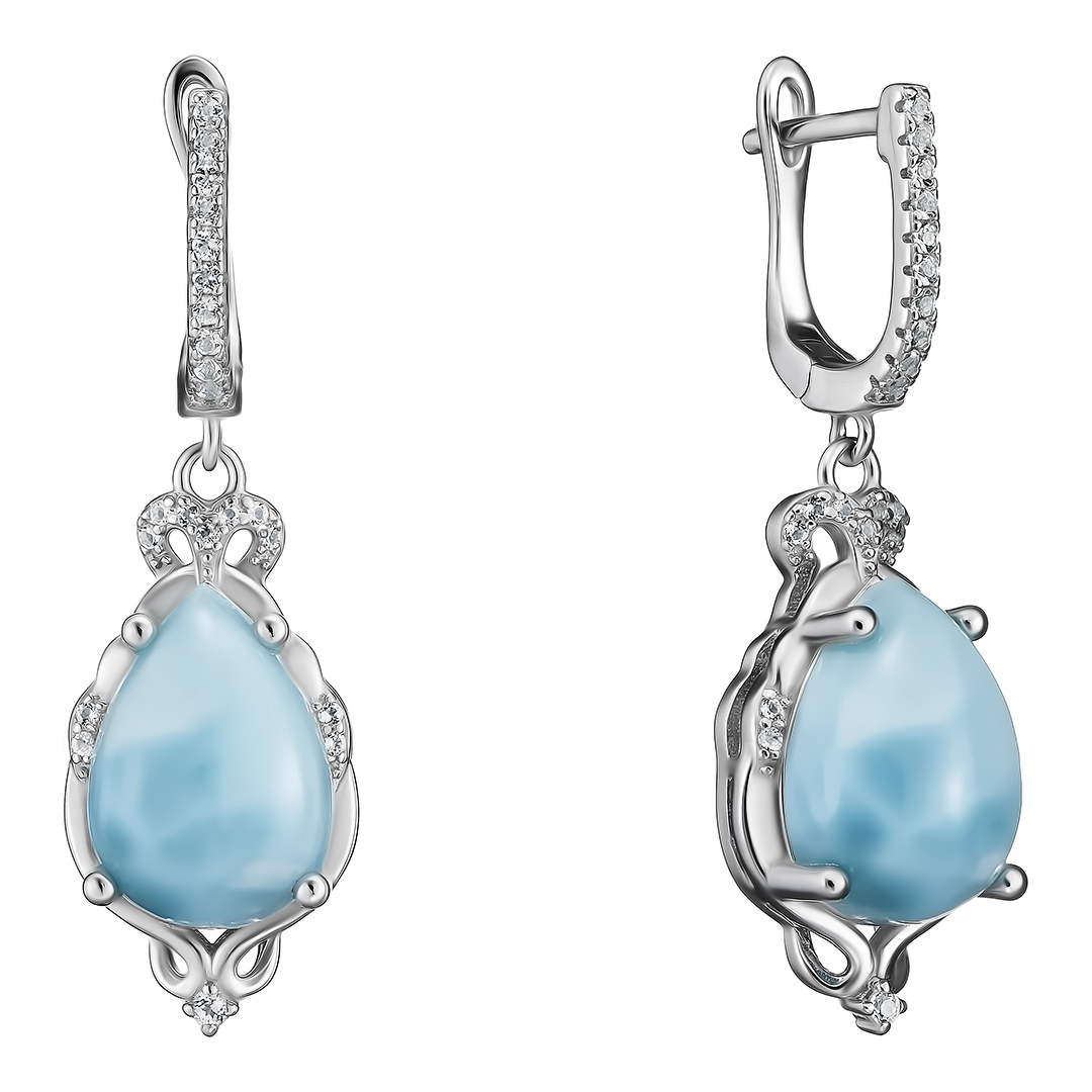 Серебряные серьги 925 пробы; вставки 2 Ларимар 11,5 ct.; 44 Топаз белый 0,40 ct.;