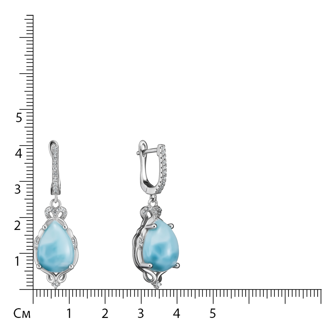 Серебряные серьги 925 пробы; вставки 2 Ларимар 11,5 ct.; 44 Топаз белый 0,40 ct.;