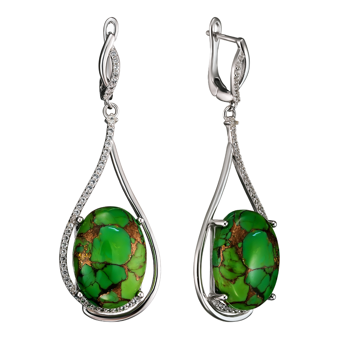 Серебряные серьги 925 пробы; вставки 2 Бирюза зеленая 20,12ct; 84 Топаз белый 0,69ct;