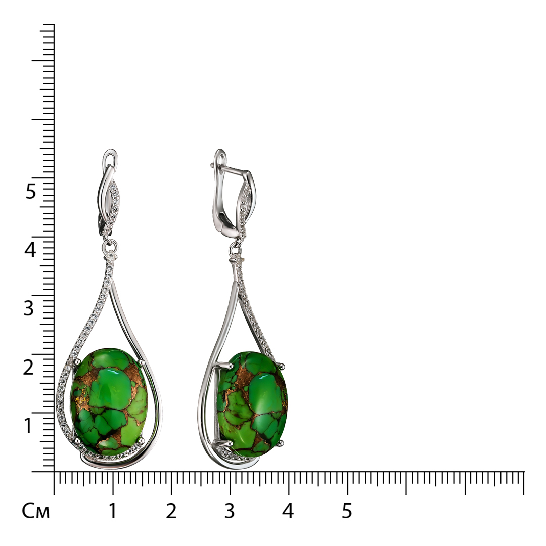 Серебряные серьги 925 пробы; вставки 2 Бирюза зеленая 20,12ct; 84 Топаз белый 0,69ct;
