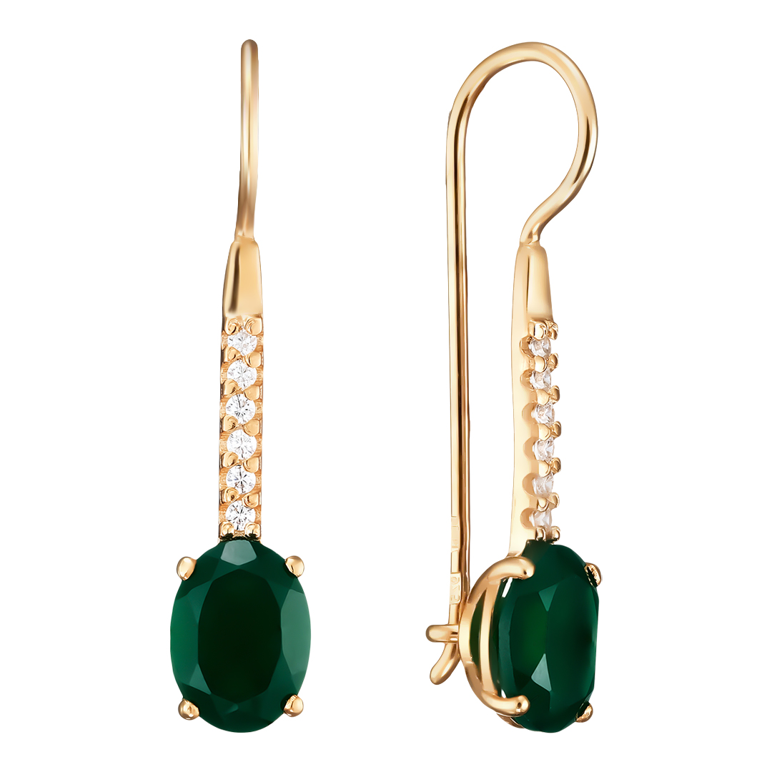 Серебряные серьги 925 пробы; вставки 2 Агат; 12 Фианит бесцв.;