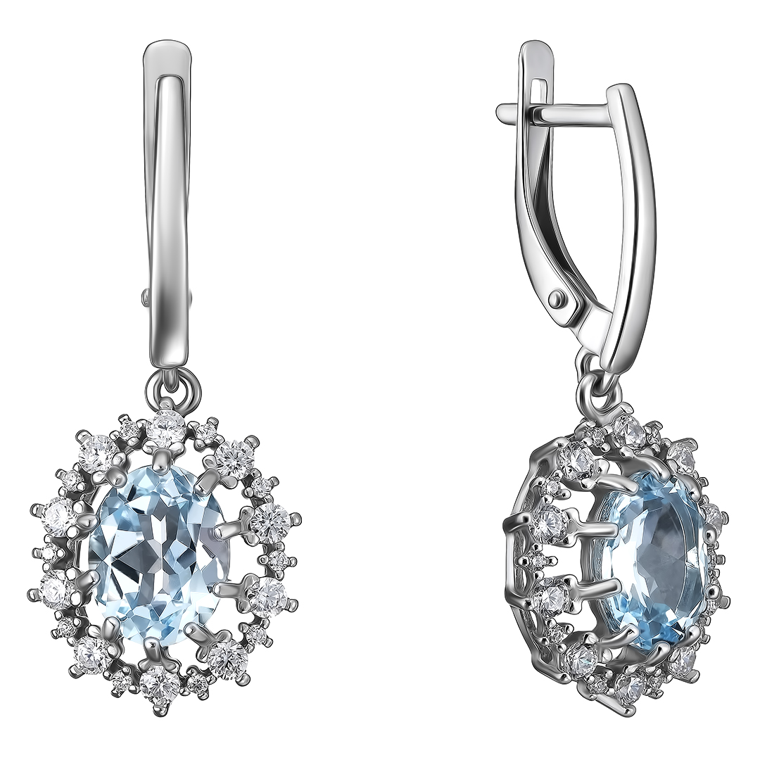 Серебряные серьги 925 пробы; вставки 2 Топаз sky; 40 Фианит бесцв.;