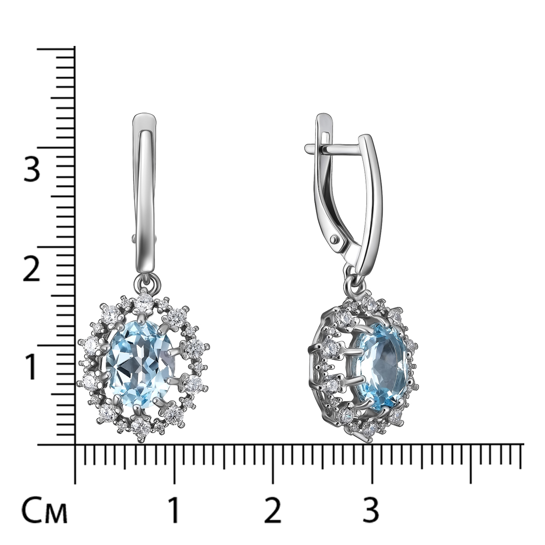 Серебряные серьги 925 пробы; вставки 2 Топаз sky; 40 Фианит бесцв.;