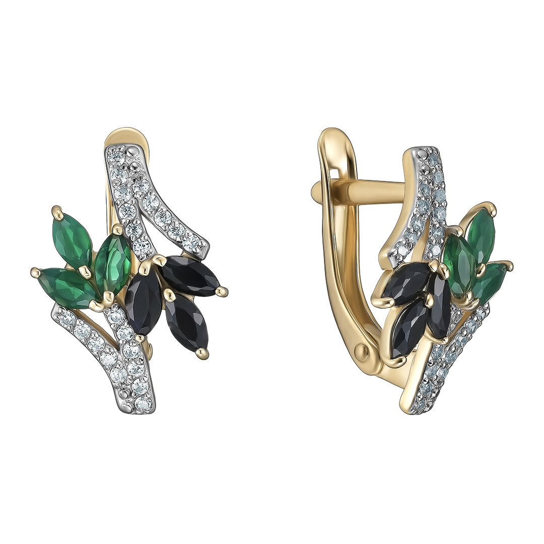 Серебряные серьги 925 пробы; вставки 6 Сапфир U/2 0,646; 6 Агат зеленый; 44 Фианит бесцв,;
