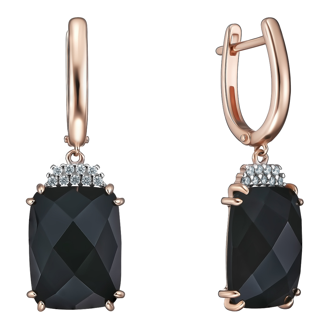 Серебряные серьги 925 пробы; вставки 2 Агат черный; 18 Фианит бесцв.;