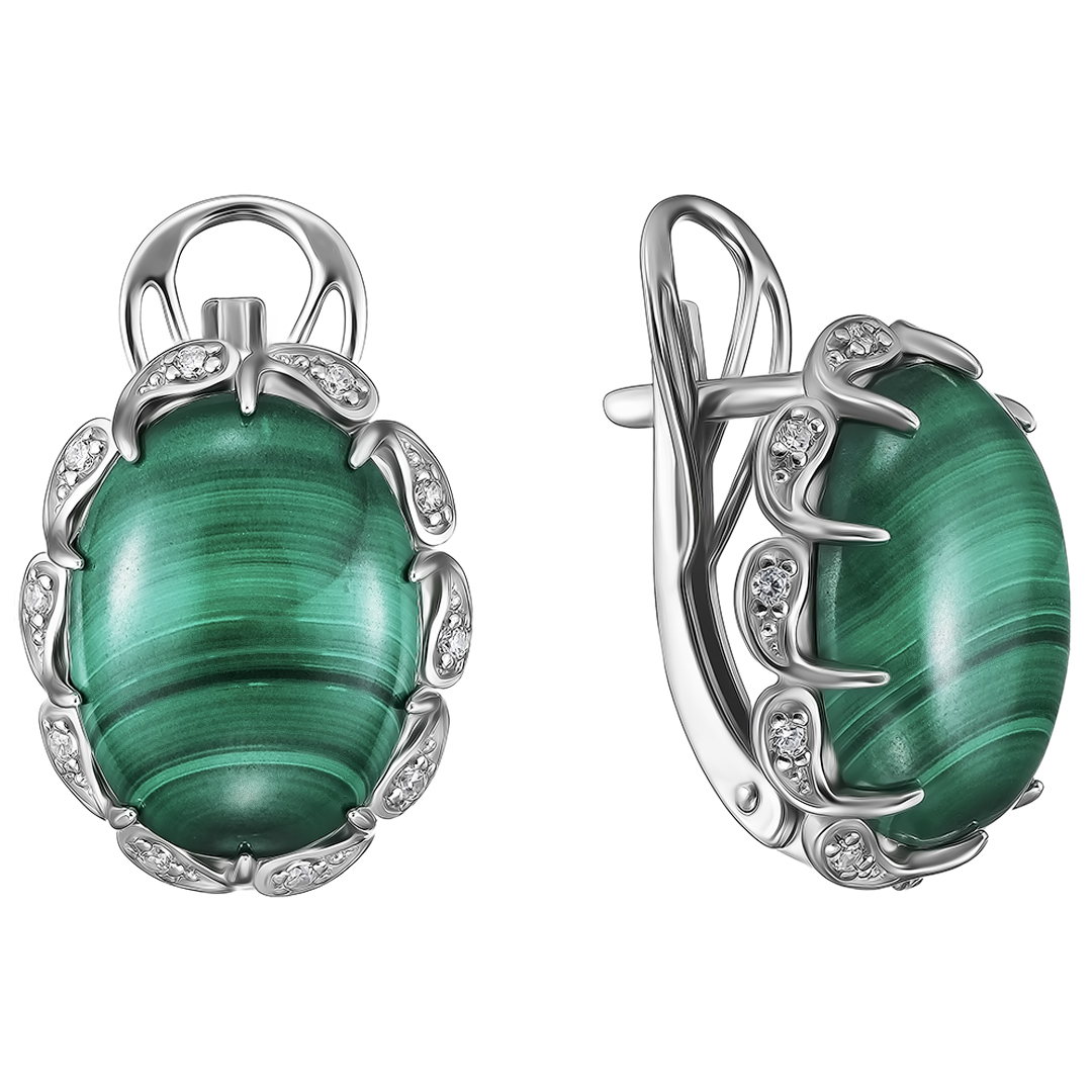 Серебряные серьги 925 пробы; вставки 2 Малахит нат.; 20 Фианит бесцв.;