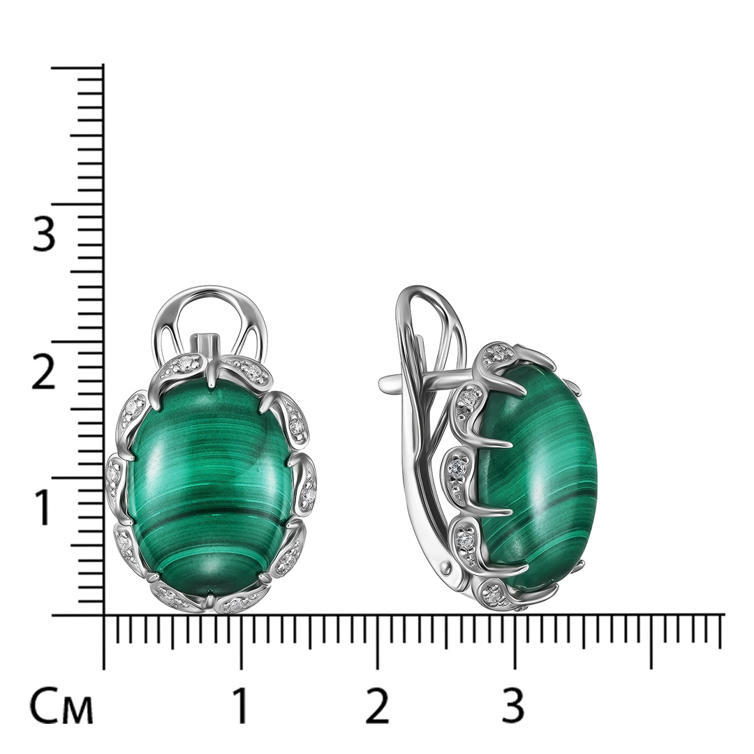 Серебряные серьги 925 пробы; вставки 2 Малахит нат.; 20 Фианит бесцв.;