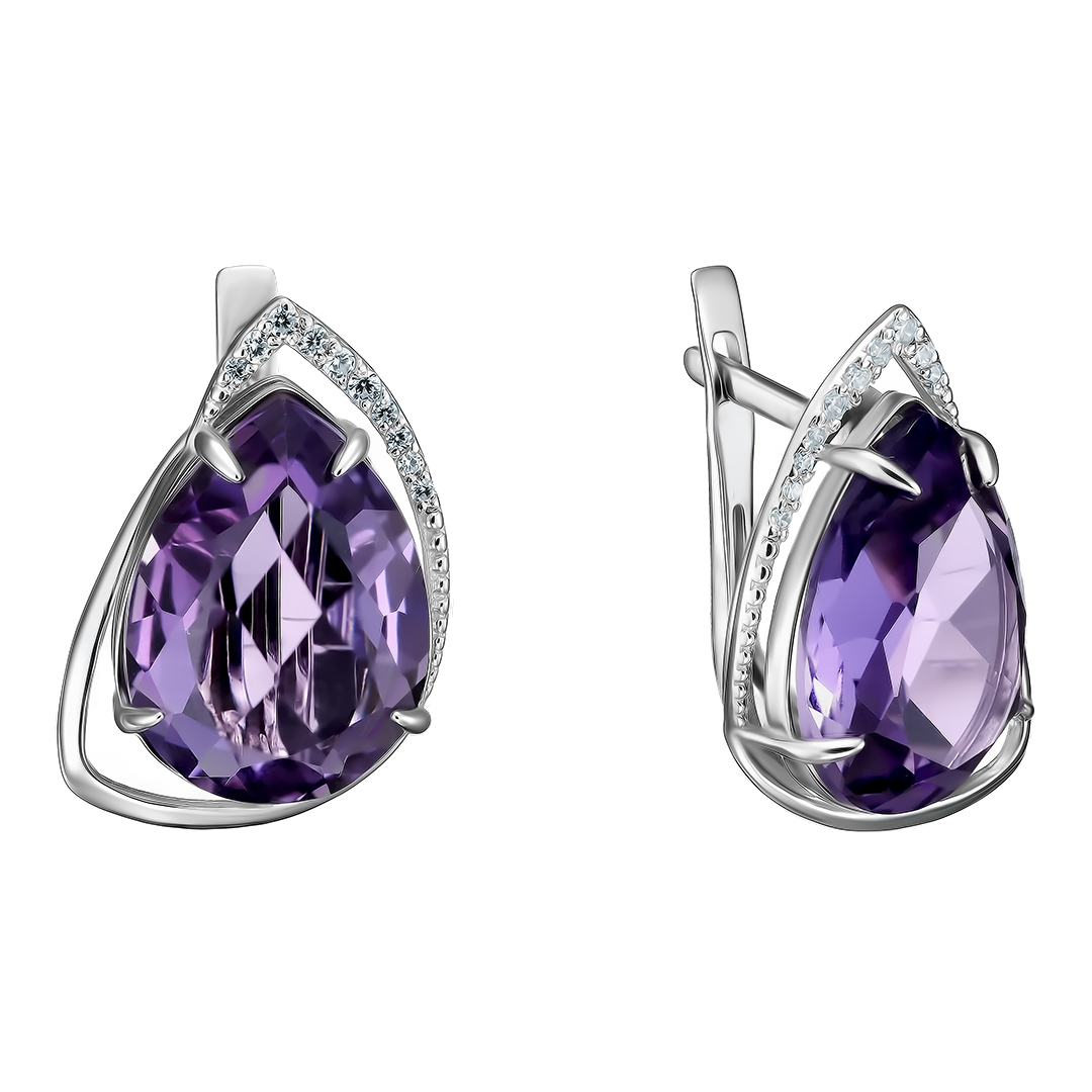 Серебряные серьги 925 пробы; вставки 2 Аметист; 20 Фианит бесцв.;