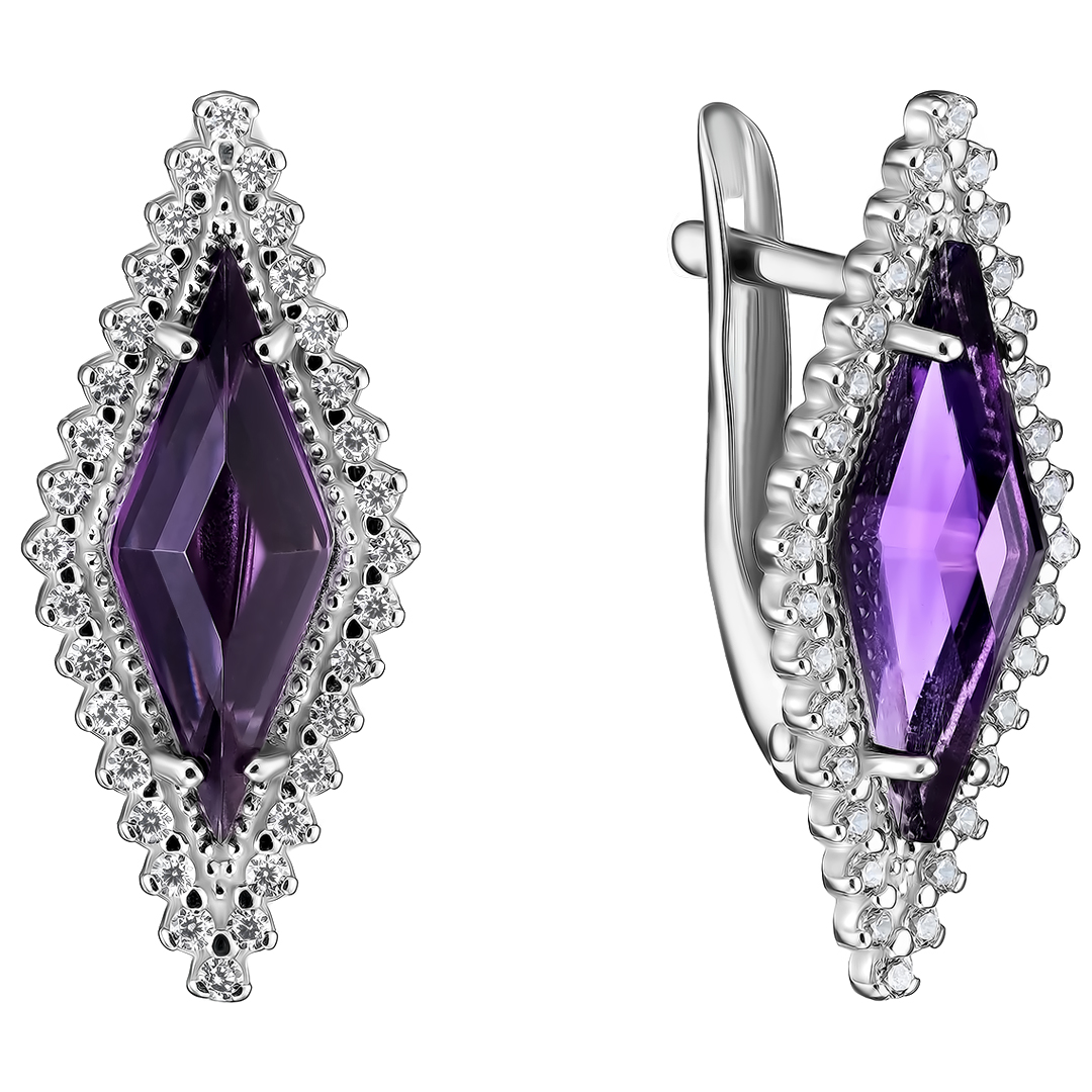 Серебряные серьги 925 пробы; вставки 2 Аметист; 64 Фианит бесцв.;