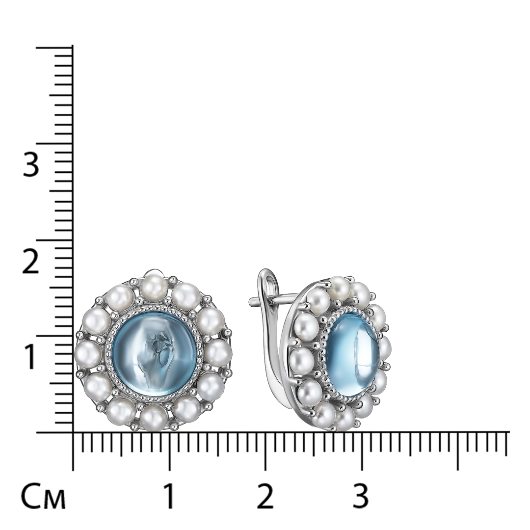 Серебряные серьги 925 пробы; вставки 2 Топаз голубой 4,96ct; Россыпь Жемчуг культ. бел.;