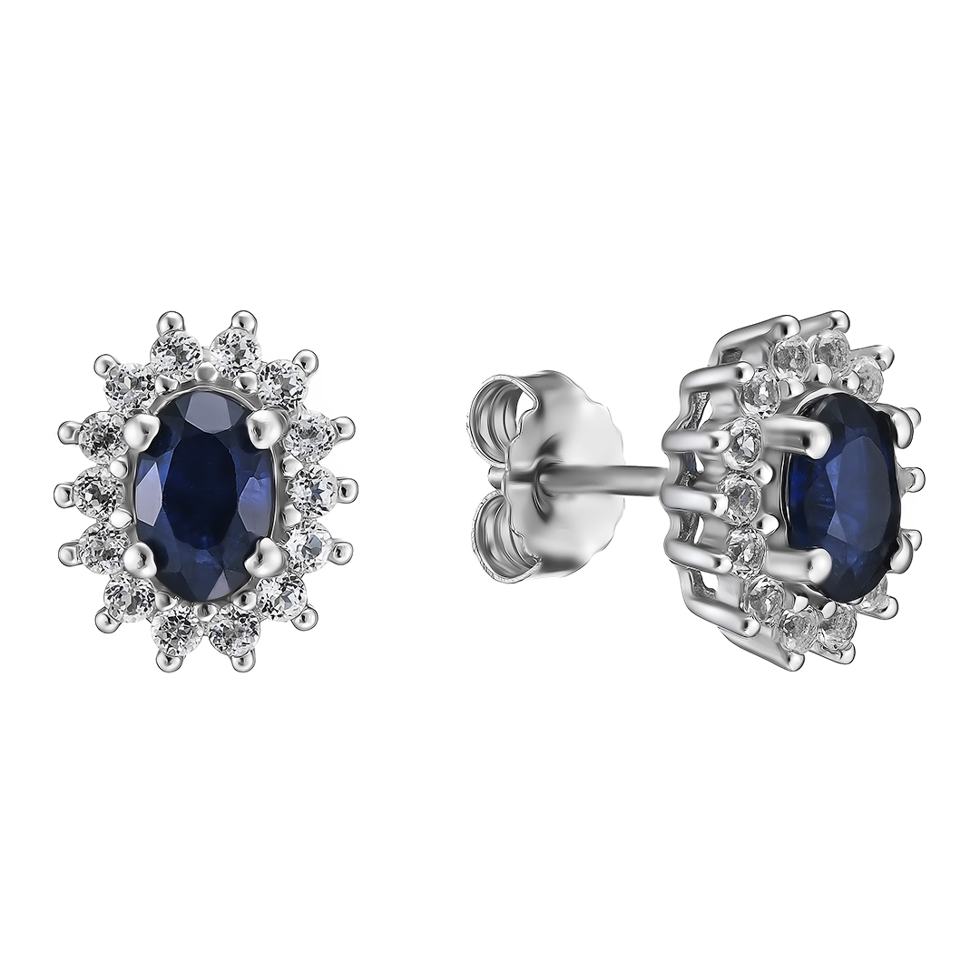 Серебряные серьги-пусеты 925 пробы; вставки 2 Сапфир U/2 1,153ct; Россыпь Топаз бел. 0,432ct;
