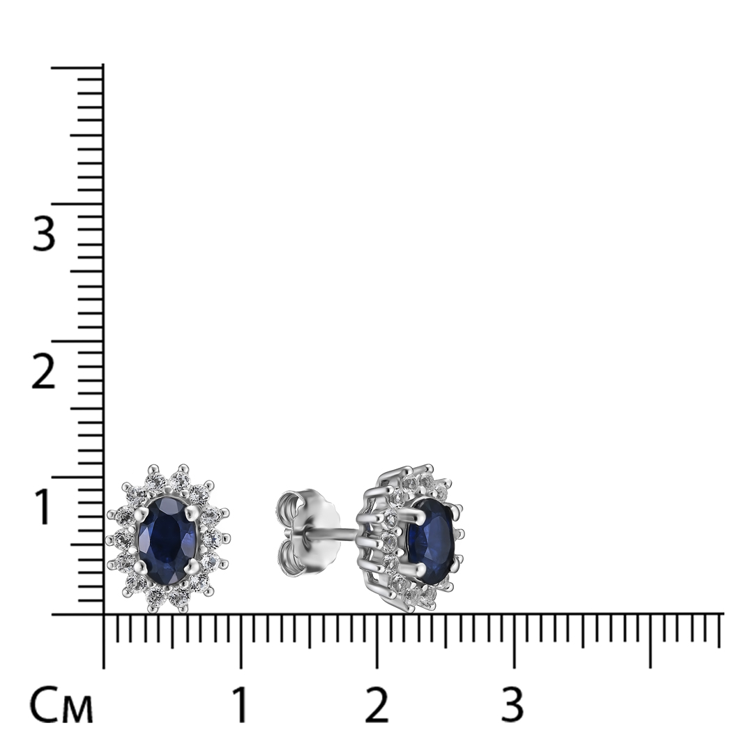 Серебряные серьги-пусеты 925 пробы; вставки 2 Сапфир U/2 1,153ct; Россыпь Топаз бел. 0,432ct;