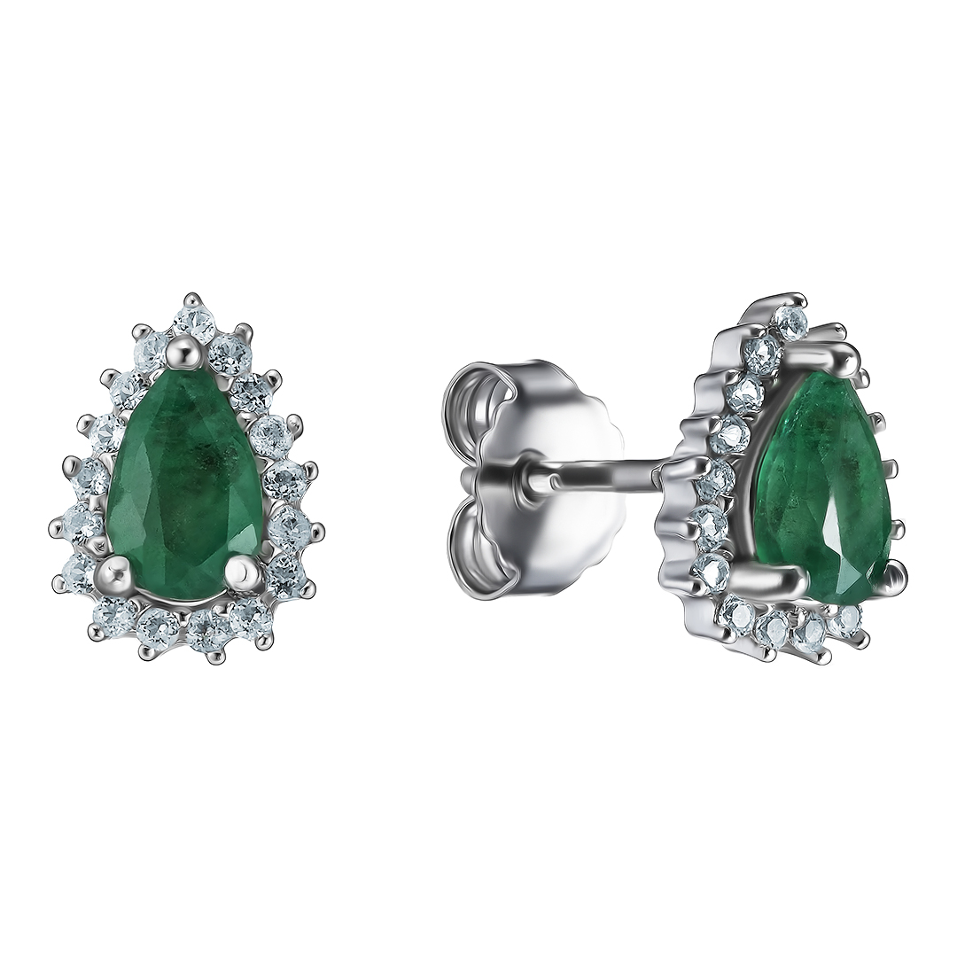 Серебряные серьги-пусеты 925 пробы; вставки 2 Изумруд (О) 4/Г3 0,75ct; Россыпь Топаз бел. 0,3ct;