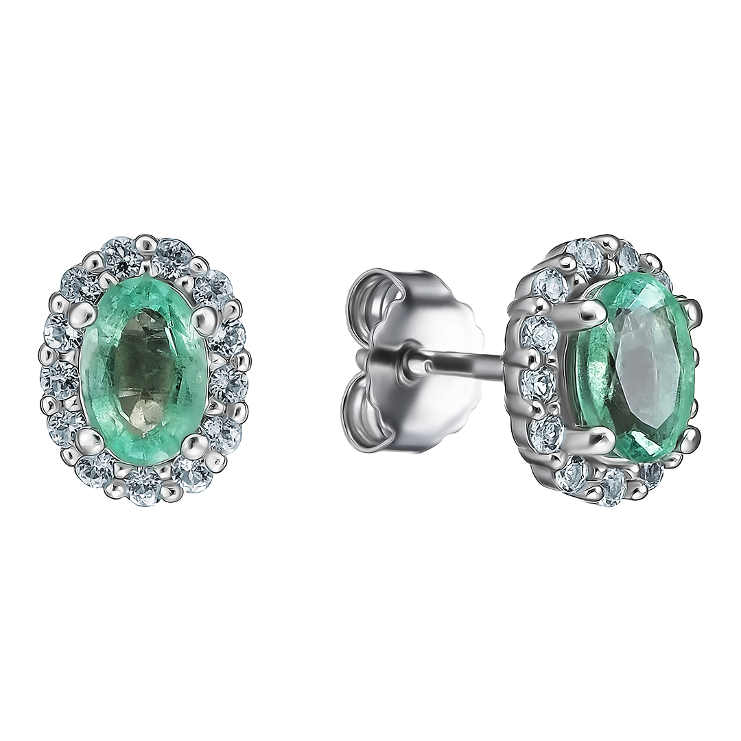 Серебряные серьги-пусеты 925 пробы; вставки 2 Изумруд (О) 4/Г3 0,87ct; Россыпь Топаз бел. 0,256ct;
