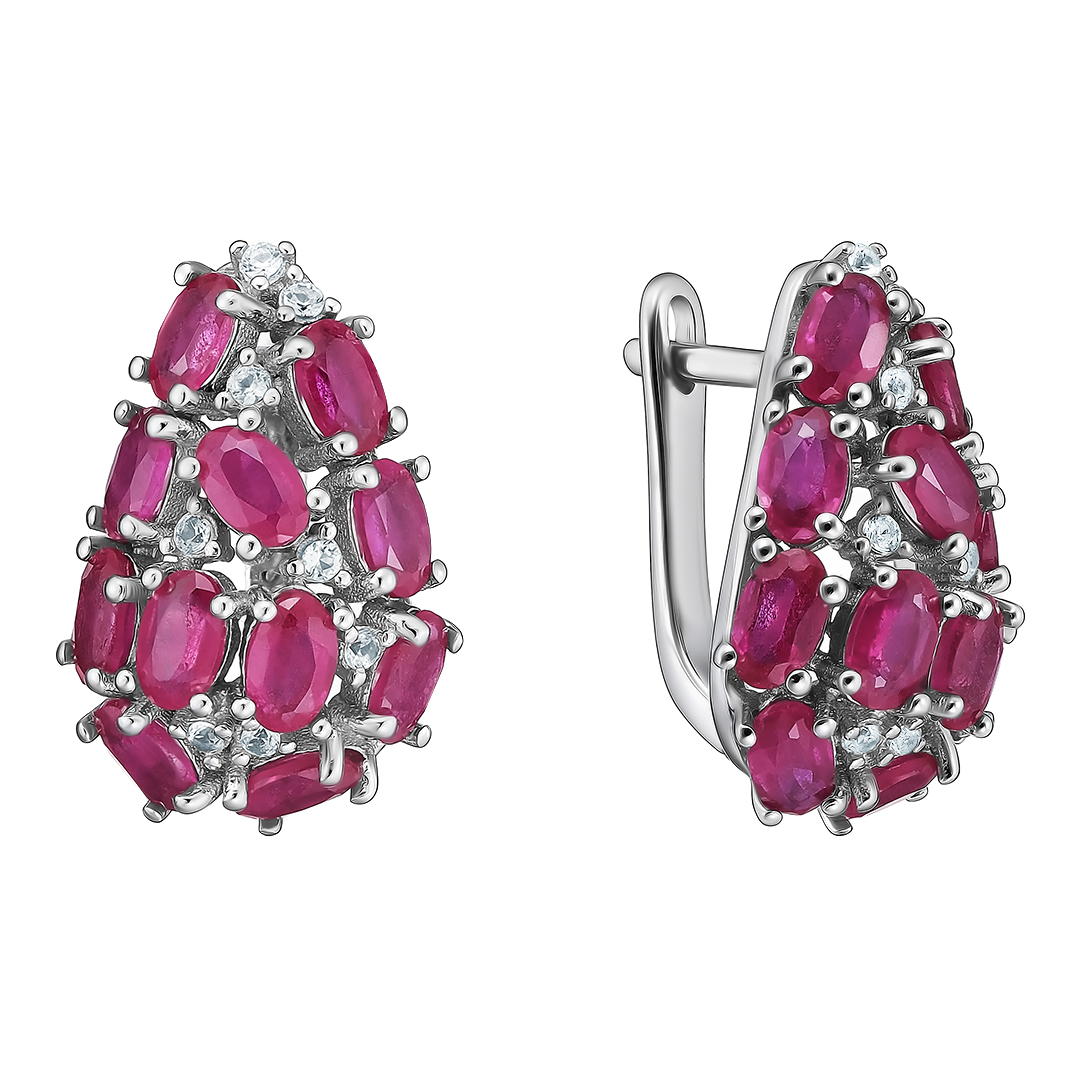 Серебряные серьги 925 пробы; вставки 22 Рубин F/2 7,02ct; Россыпь Топаз бел.;