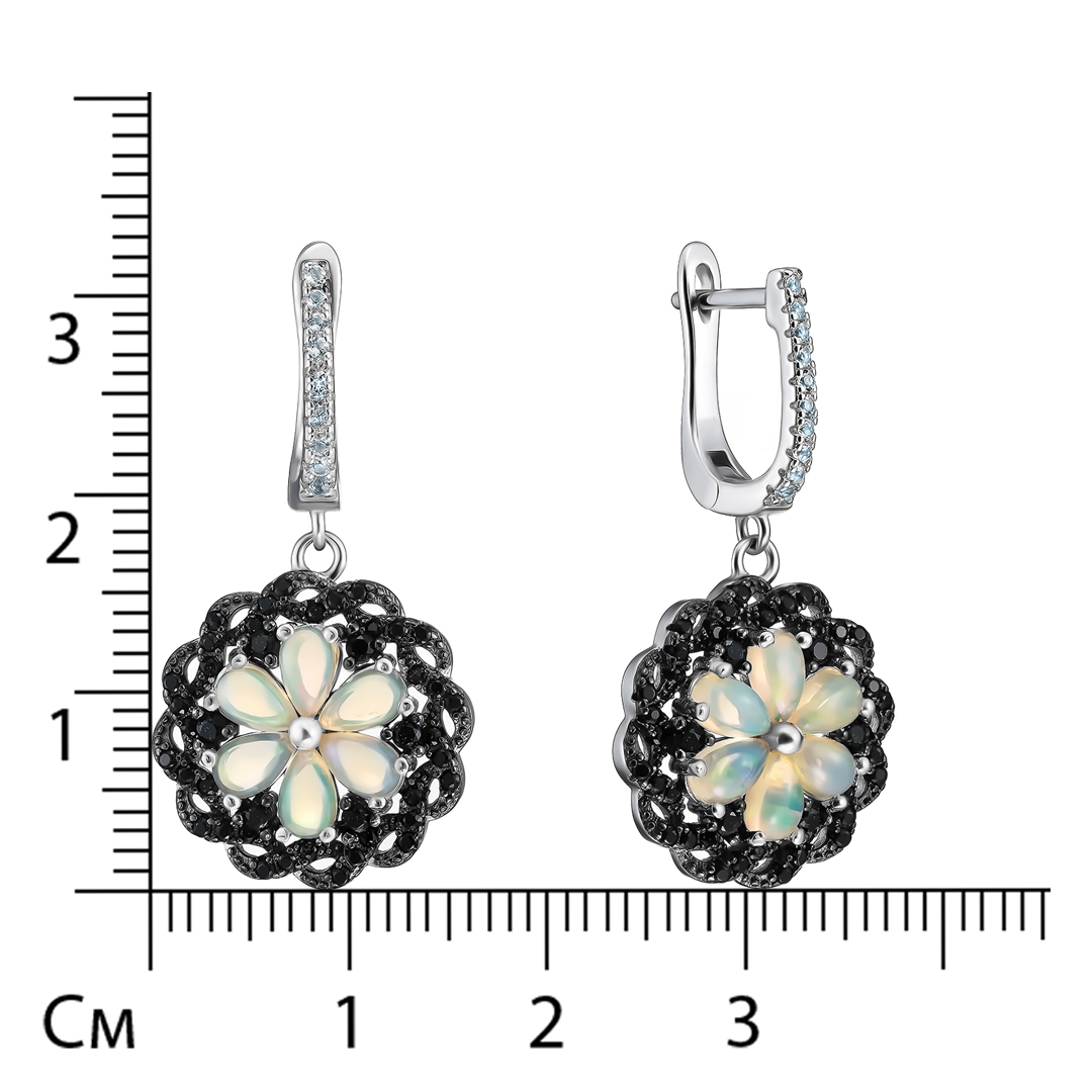 Серебряные серьги 925 пробы; родий (бел., черн.); вставки 12 Опал 2,1ct; Россыпь Шпинель черн. 0,7ct