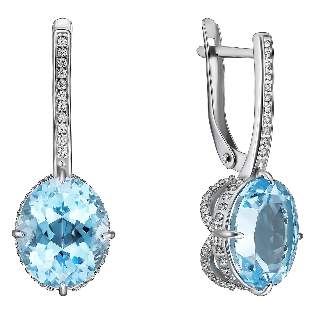 Серебряные серьги 925 пробы; вставки 2 Топаз; 110 Фианит бесцв.;