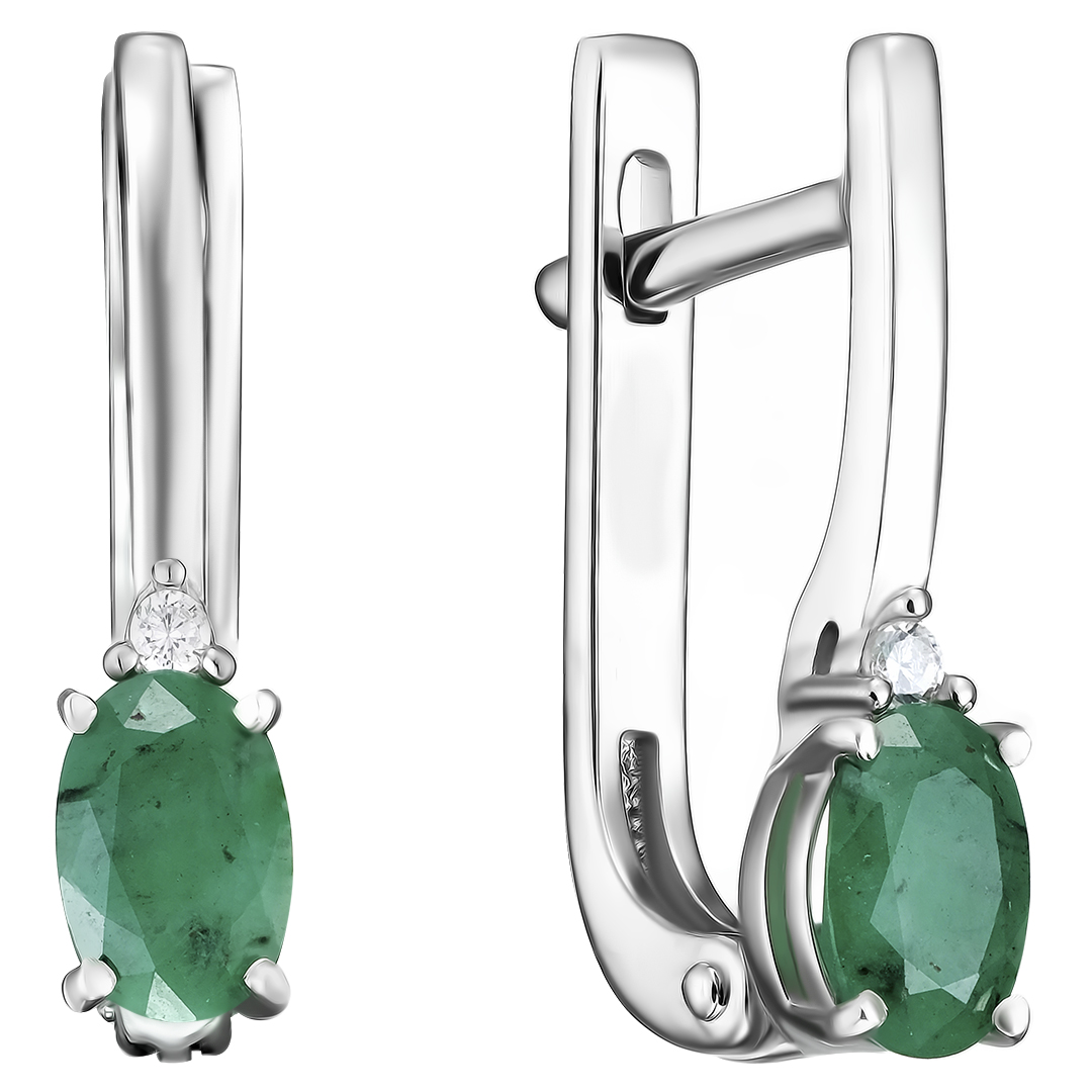 Серебряные серьги 925 пробы; вставки 2 Фианит бесцв.; 2 Изумруд (F) 3/3 0,809