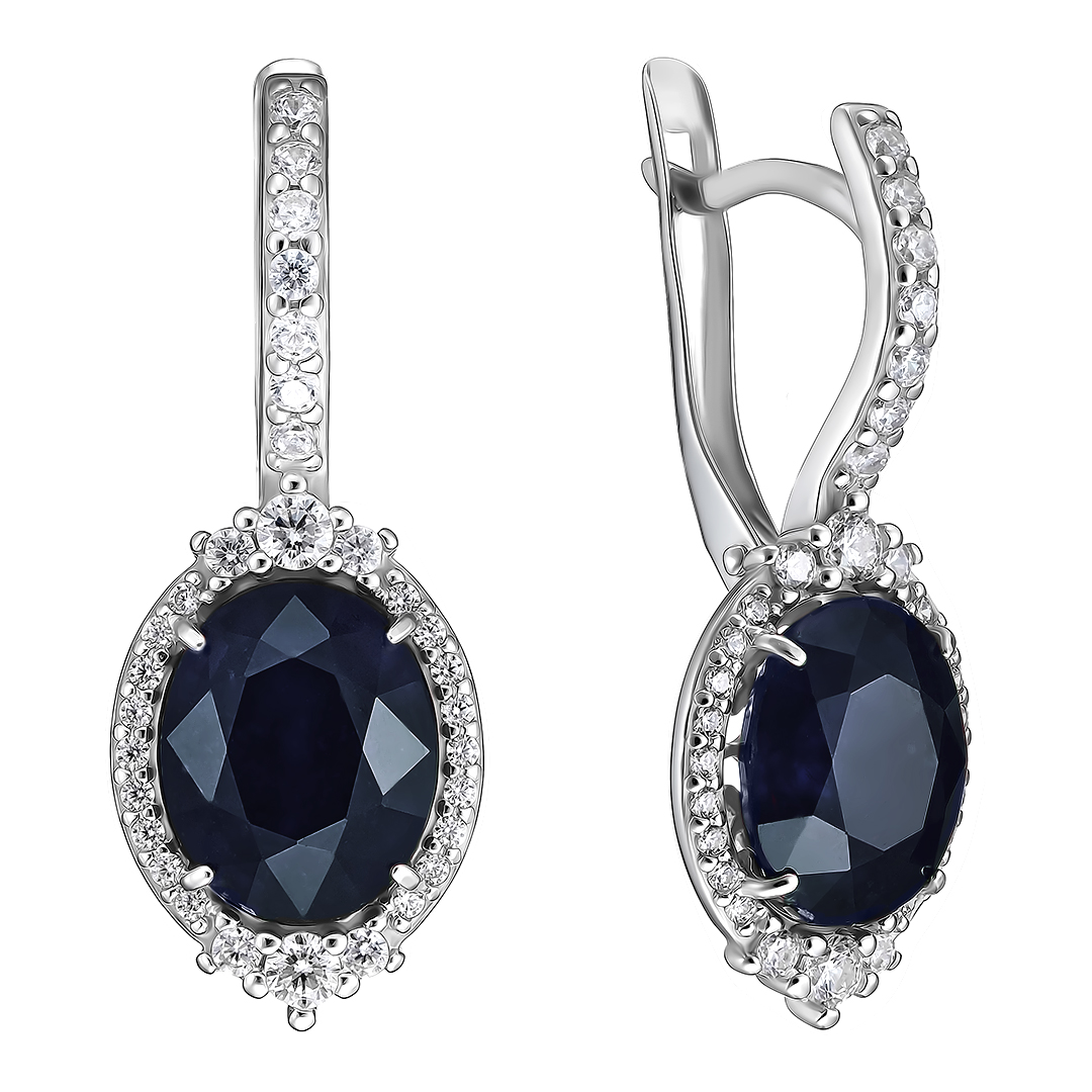 Серебряные серьги 925 пробы; вставки 2 Сапфир 6,91 U/2; 62 Фианит бесцв.;