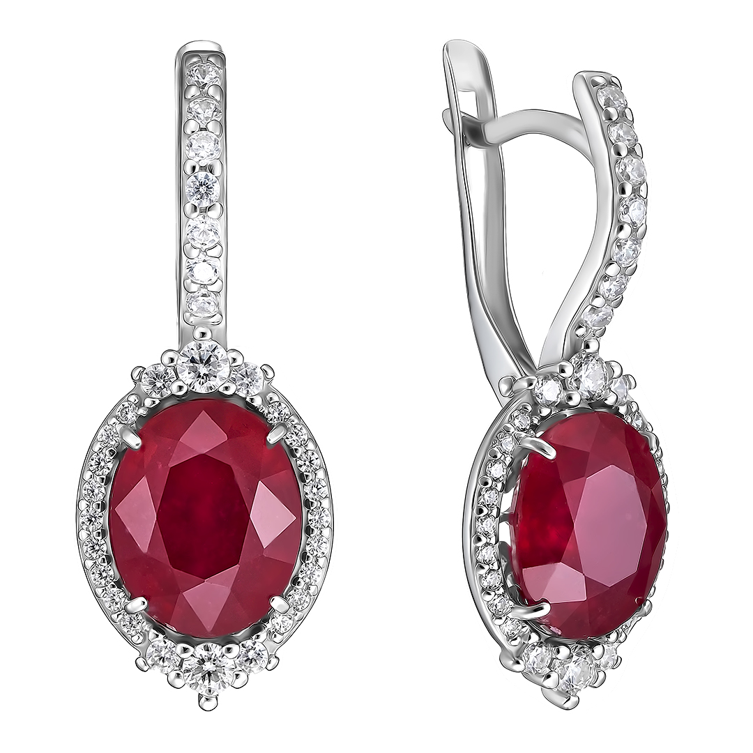 Серебряные серьги 925 пробы; вставки 2 Рубин 7,77 F/2; 62 Фианит бесцв.;