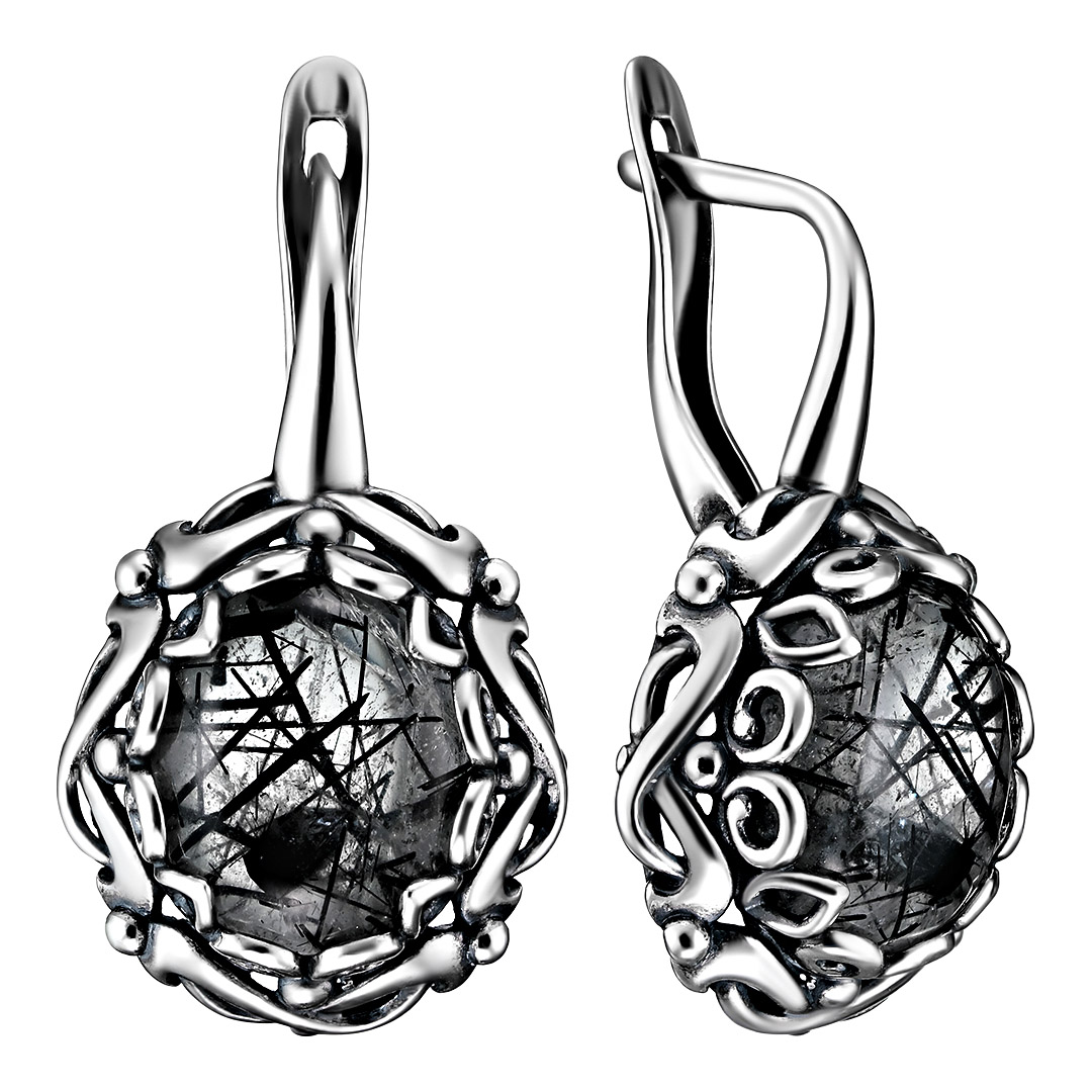 Серебряные серьги 925 пробы; оксидирование; вставки 2 Кварц рутиловый;