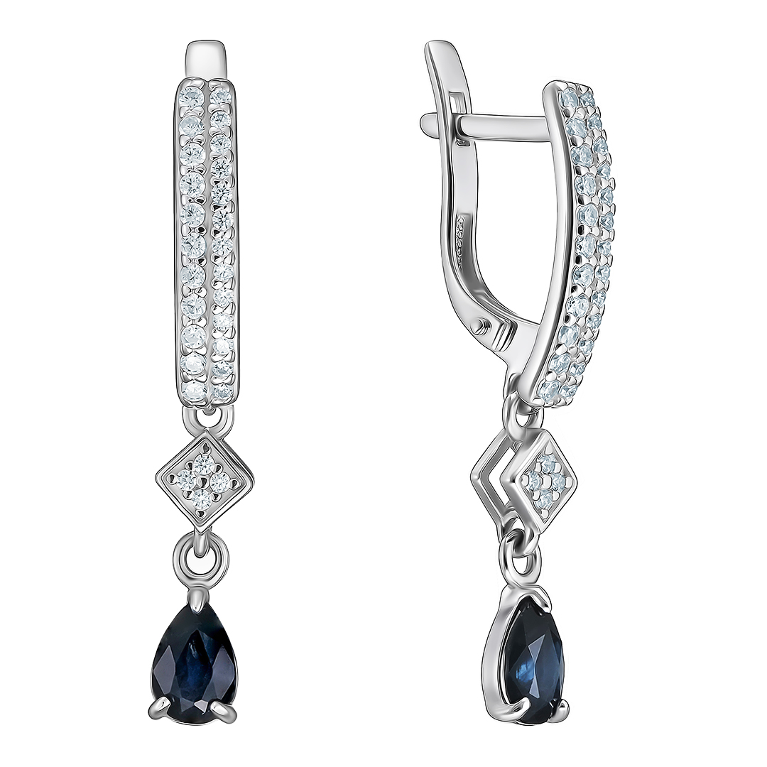 Серебряные серьги 925 пробы; вставки 56 Фианит бесцв.; 2 Сапфир 0,87 U/2