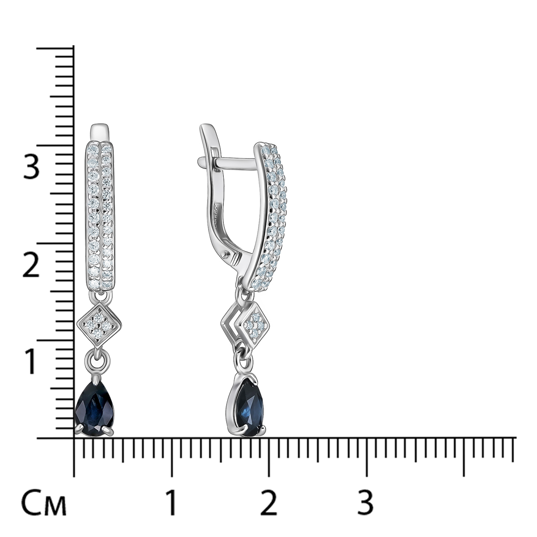 Серебряные серьги 925 пробы; вставки 56 Фианит бесцв.; 2 Сапфир 0,87 U/2