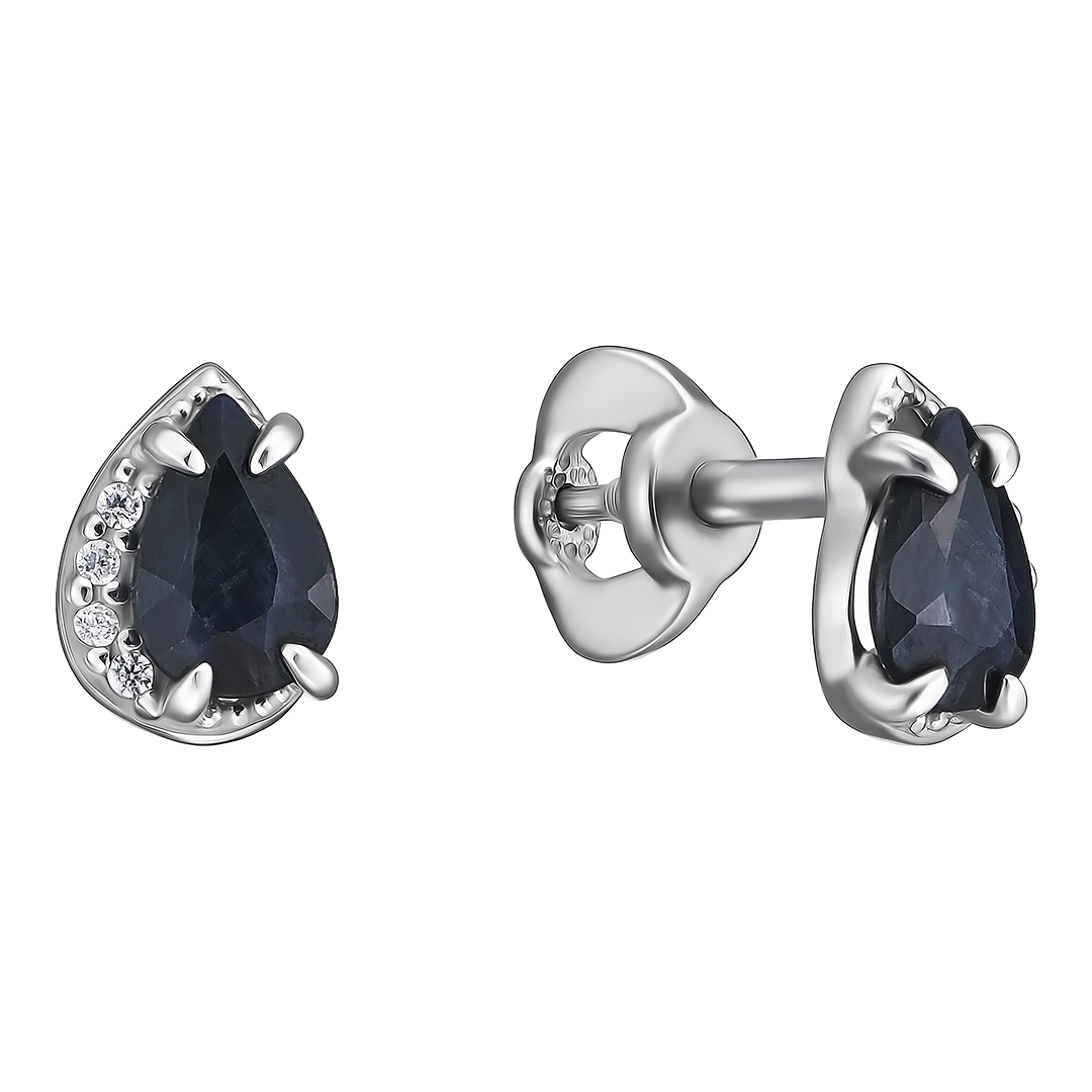 Серебряные серьги-пусеты 925 пробы; вставки 8 Фианит бесцв.; 2 Сапфир 1,1 U/2