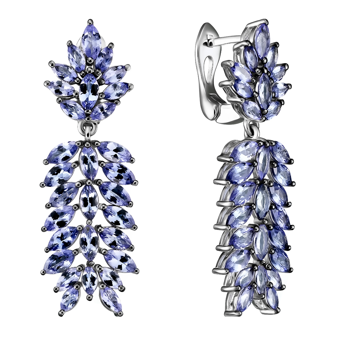 Серебряные серьги 925 пробы; родий (бел., черн.); вставки 60 Танзанит 12ct;
