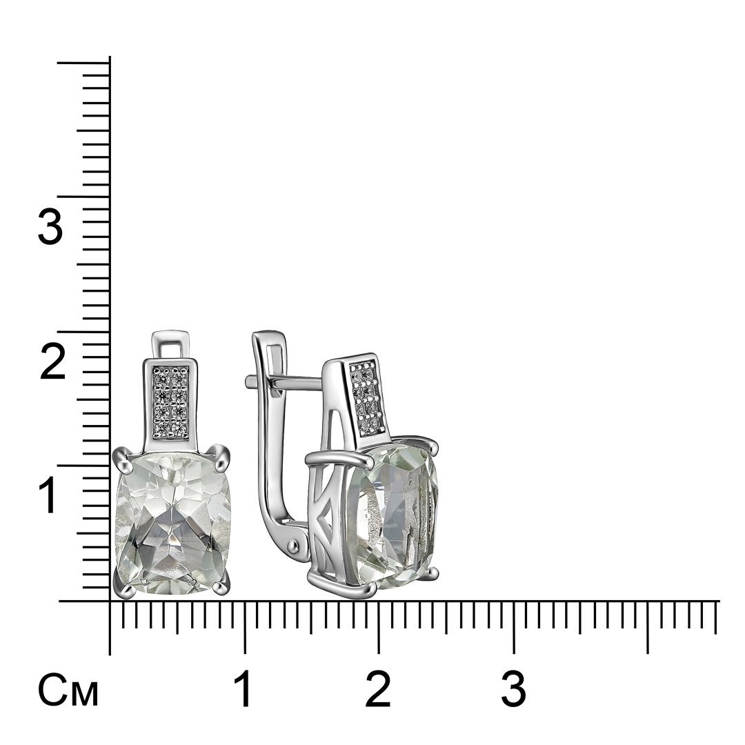 Серебряные серьги 925 пробы; вставки 2 Празиолит 5,76ct; Россыпь Циркон бесцв. 0,1ct;
