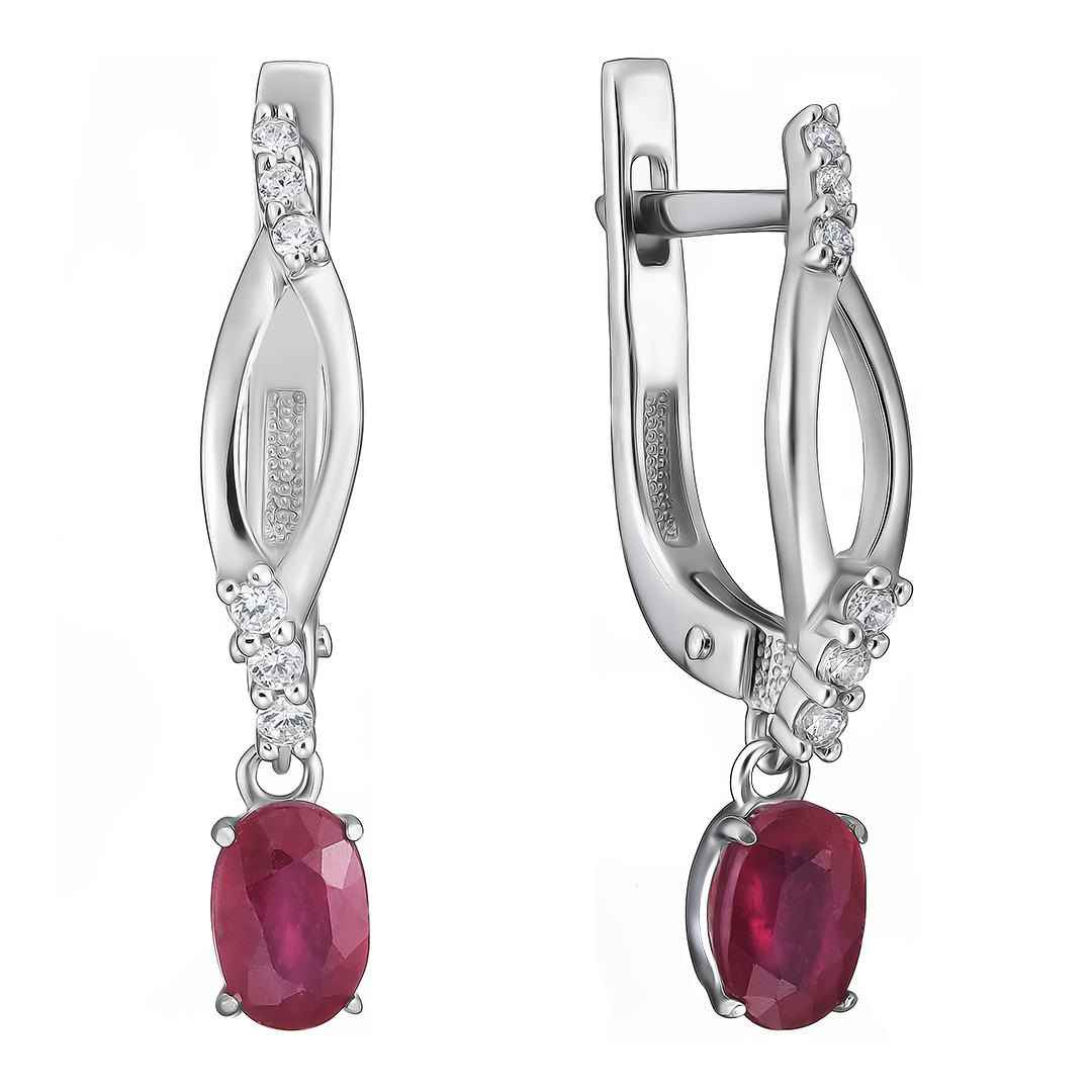 Серебряные серьги 925 пробы; вставки 2 Рубин 1,45 F/2; 12 Фианит бесцв.;